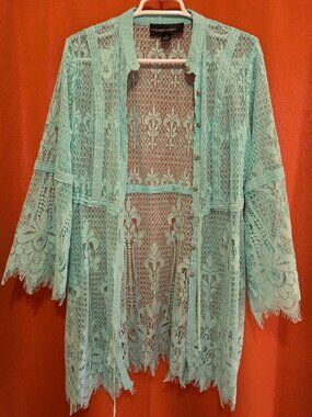 Colleen Lopez Women's Medium Light Blue Fringed Lace Button Top Cover Up